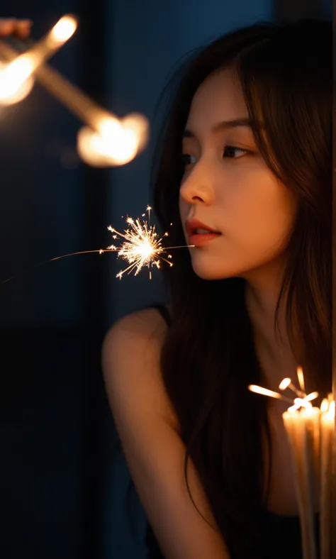 a woman holding a sparkler in her hand and looking at it