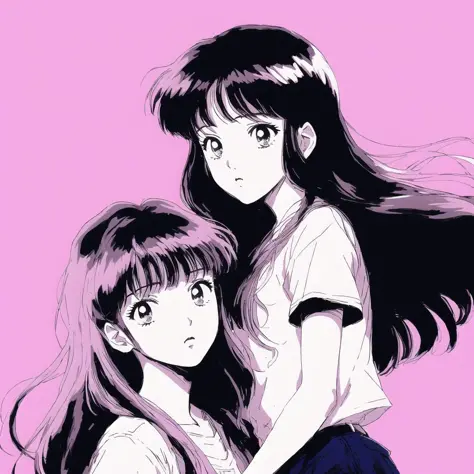 <lora:retro3:1>, muted pastel colors, retro anime, 1990s anime, 1980s anime, brush strokes, 

 2girls, comic, long hair, monochr...