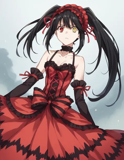 score_9, score_8_up, score_7_up, source_anime, 
kurumitokisaki, kurumi tokisaki astral dress, long hair, black hair, red eyes, twintails, yellow eyes, hairband, heterochromia, dress, red dress, bare shoulders, collarbone, choker, bowtie, red bowtie, detached sleeves, corset, frills, 
scared, fog,
looking at viewer, cowboy shot, dutch angle, solo,