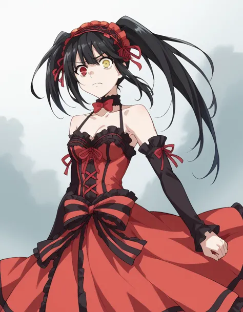 a woman in a red dress with black hair and a red bow