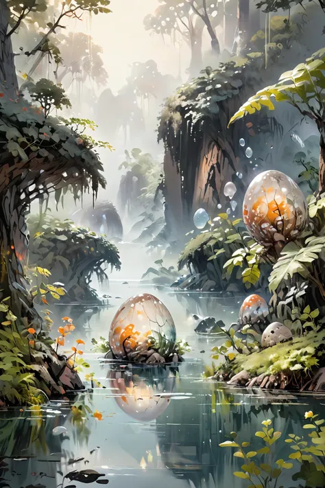 digital painting,other planet,life,alien forest,alien plants,alien mushrooms,alien dwelling,alien animals,transparent eggs,(crac...