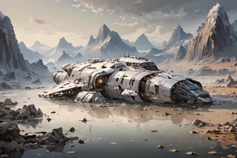 (one long big disassembled spaceship lies on the side on the ground:2),advanced space battleship,overwhelming size,extremely highly detailed,
(destroyed:2),(debris:2),dusk,mountain peak,ice peaks,
rim light,big lake,reflections,
quality eyeshadow,full_shot,background details,strong rim light,intense shadows,sun rays,light beams,complementary colors,