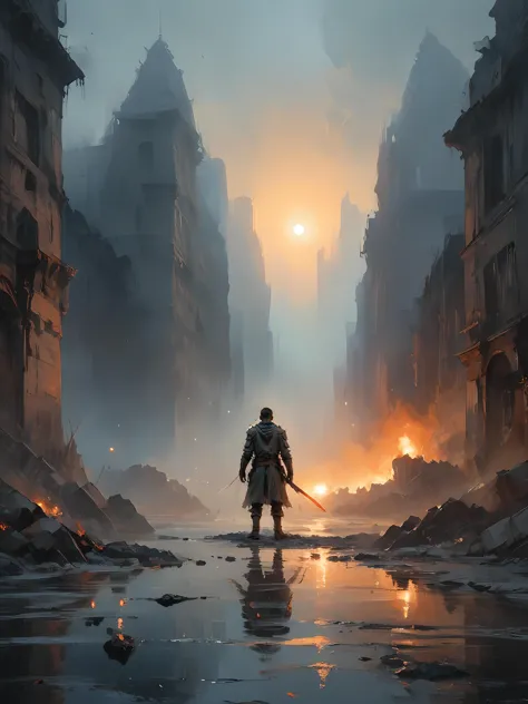 a man with a sword walking through a city on a foggy day