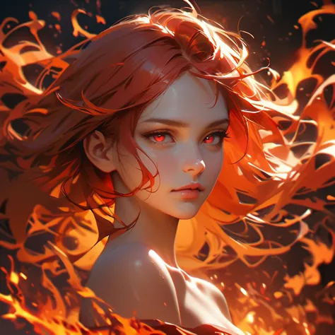 a woman with red hair and a red dress is surrounded by flames