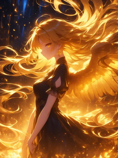 (\shen ming shao nv\), 1girl, solo, wings, dress, long hair, short sleeves, blonde hair, black dress, from side, puffy sleeves, feathered wings, puffy short sleeves, breasts, floating hair, looking at viewer, earrings, bangs, jewelry, medium breasts, very long hair, profile, closed mouth, fire, glowing, yellow eyes, backlighting,<lora:shenmingshaonvXL:1>,