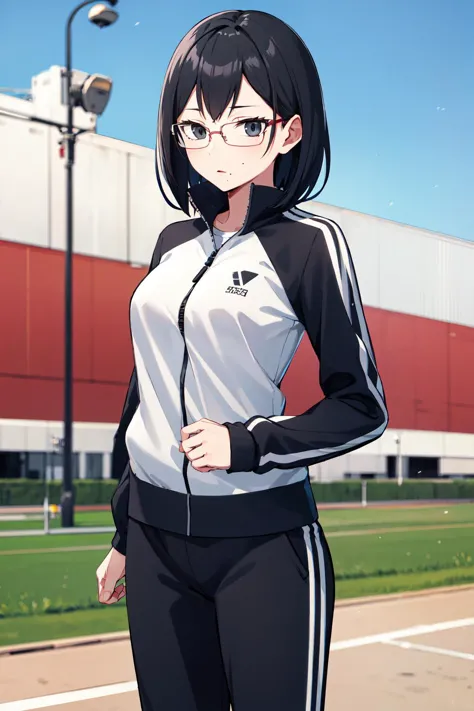 masterpiece, best quality, highres, aakiyoko, solo, short hair, black eyes, glasses, mole under mouth, track jacket, track pants, <lora:shimizu_kiyoko_v1:0.7>, outdoors, standing, cowboy shot,