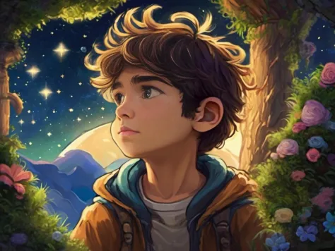4K the young dreamer, looking determined and hopeful, gazing at the stars, detailed eye, trending, digital painting, Ghibli