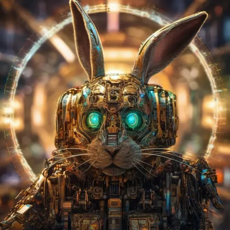 a HDR photograph of a rabbit halo, intricate cyberpunk robot, highly detailed, soft bokeh, art by mooncryptowow and popular science