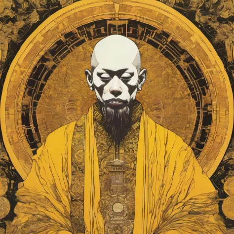 elaborate portrait of a monk by Laurey Greasley and Takeshi Obata, desire to achieve enlightenment, nirvana, yellow, orange, cyb...