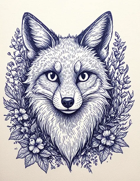 novuschroma42 style cat fox with flowers  ballpoint pen drawing <lora:novuschroma42 style_blue:1> <lora:sdxl_lightning_8step_lor...