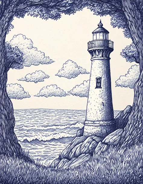 novuschroma42 style ballpoint pen drawing of to the lighthouse  <lora:novuschroma42 style_blue:1> <lora:sdxl_lightning_8step_lor...