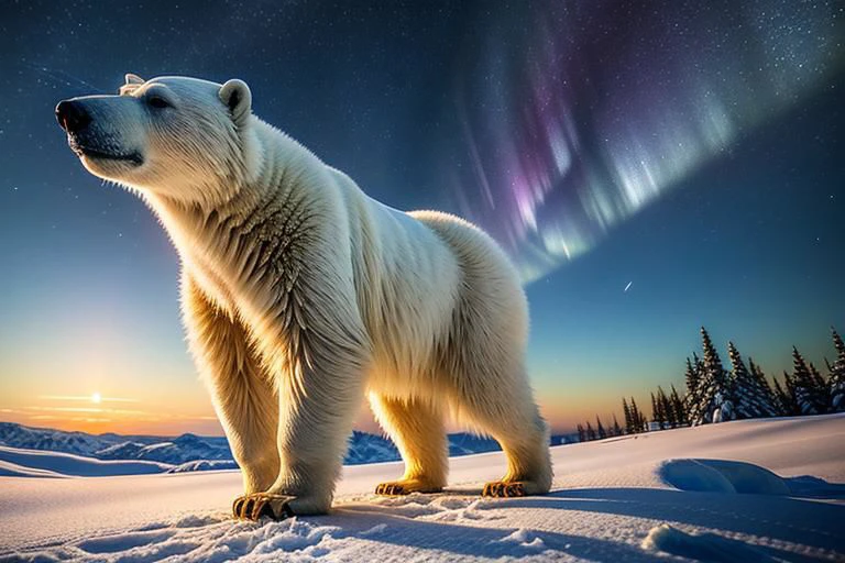 (生的, 最好的品質, 傑作:1.5), (實際的, 錯綜複雜的細節:1.2), 8K, 超高清晰度, 一隻北極熊在白雪皚皚的森林中行走, 夜晚, (天空中的北極光:1.1)