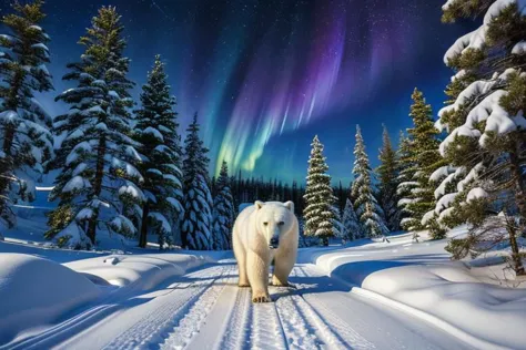 (CRUDO, mejor calidad, obra maestra:1.5), (Realista, detalles intrincados:1.2), 8K, resolución ultra alta, un oso polar caminando en un bosque nevado, Noche, (luz del norte en el cielo:1.1)