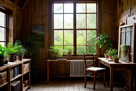 interior of a fantasy rustic study room with a painting easel stand, lots of hanging pots with plants, window shows an overgrown...