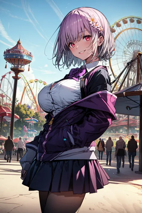 anime girl in a purple dress standing in front of a ferris wheel