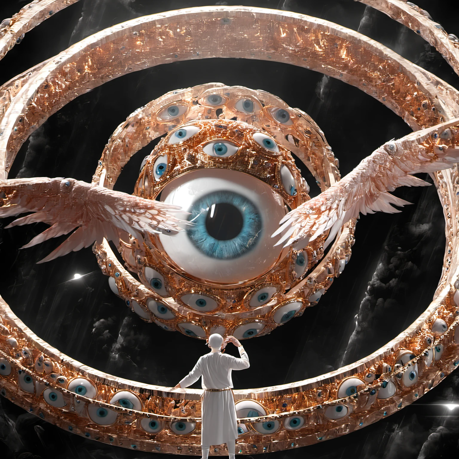 серафины, мистическое существо с сотнями глаз и крыльев, в форме гигантского кольца, круговые обручи вокруг тела, огромный размер, ангельские огни 