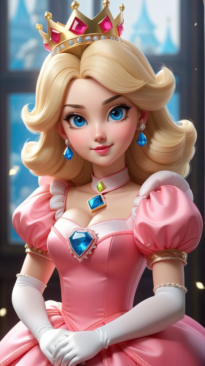 (masterpiece:1.1),(best quality:1.1),1girl,seraphins princess peach,blonde hair,blue eyes,long hair,crown,dress,gem,gloves,pink dress,puffy short sleeves,puffy sleeves,short sleeves,white gloves,evil smile,glossy lips,glossy skin,blushing,