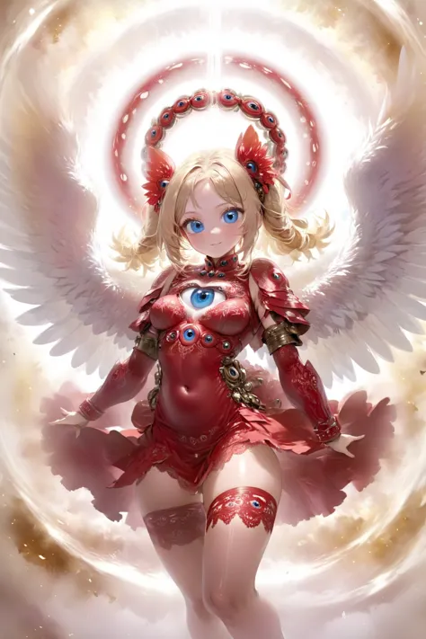 a woman in a red dress with angel wings and a halo