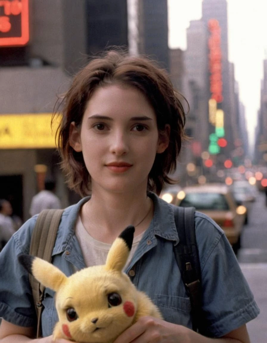 Localizado na Time Square, Nova York, pessoa winona é vista ( segurando um pikachu,:1.2)  . Usando um elástico de bandana legal dos anos 90. Hora dourada.