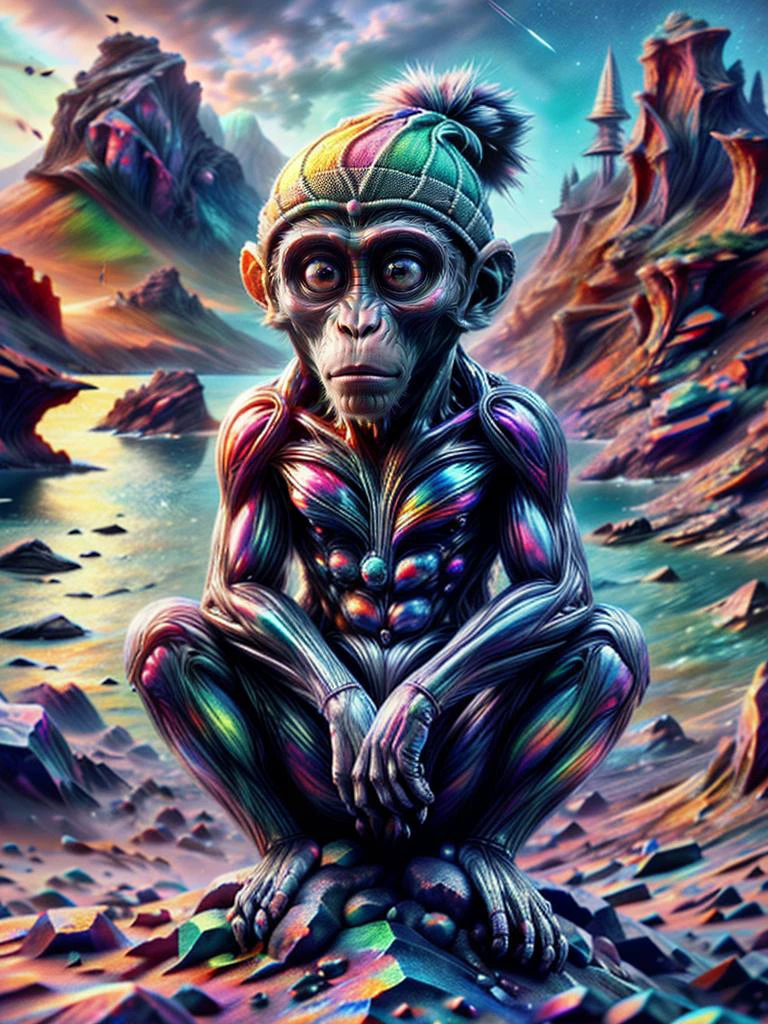 sparkling, (monkey  wearing  beanie), with a rocky coastline in the background, made of  ral-bismuth and alienzkin, 