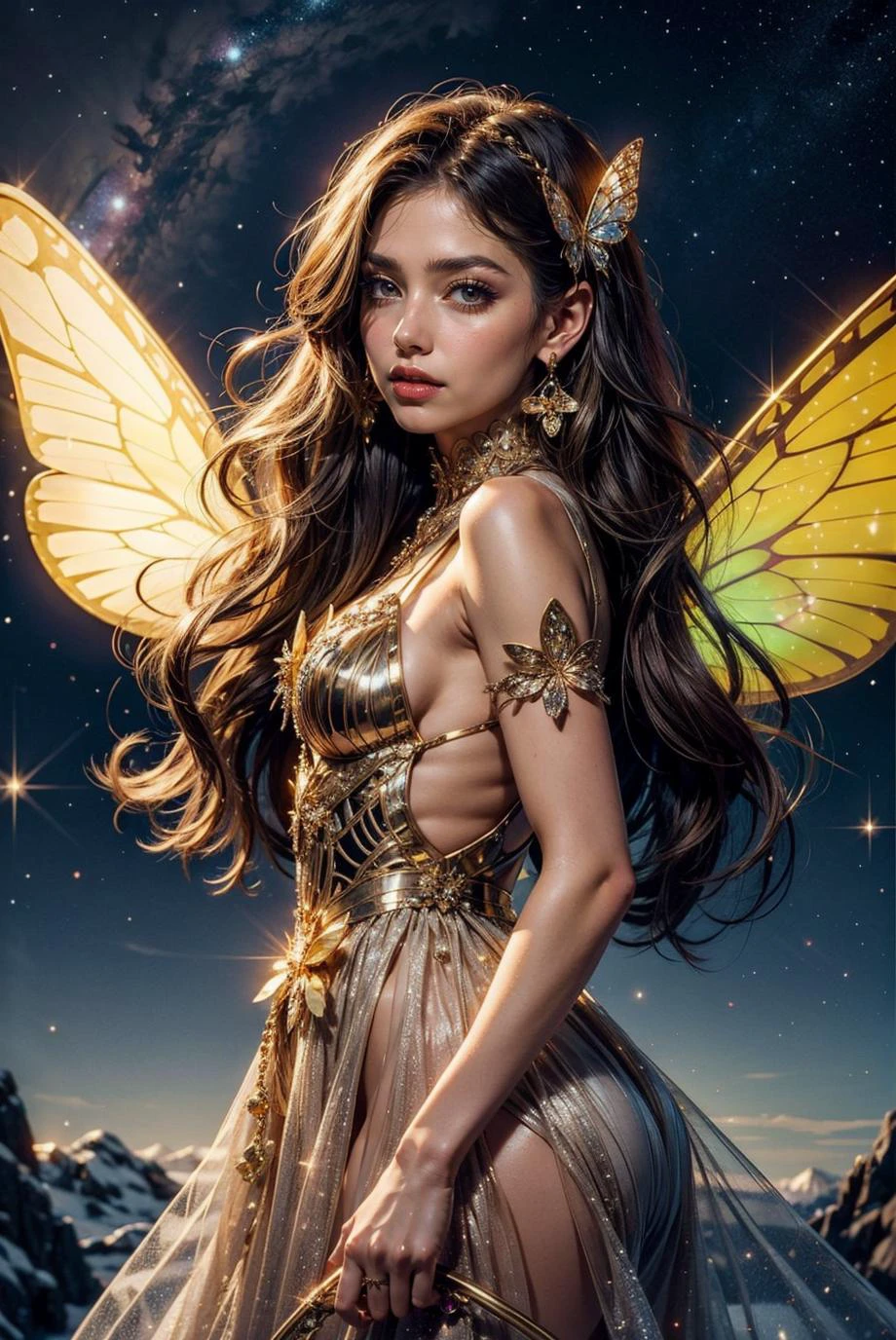 1 fille, seulement, fée magique aux cheveux longs et avec une longue robe galaxie brillante, belles ailes de diamant et boucles d&#39;oreilles papillon