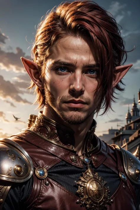1man, warrior male elf, red hair, standing, high resolution, close up face, looking to the sky, elf