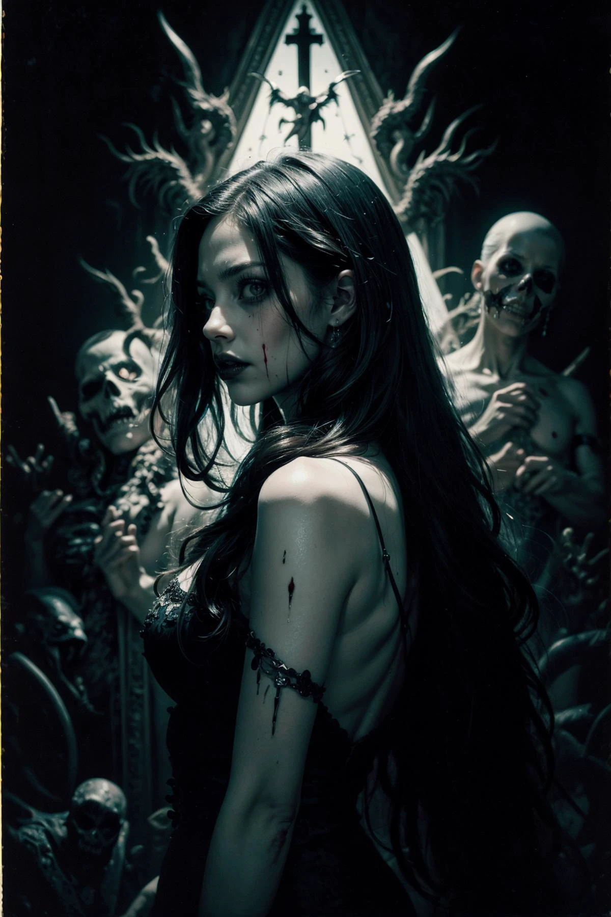 (masterpiece, top quality, best quality, official art, beautiful and aesthetic:1.2), (black and white:1.5), a pale girl with white skin, long hair flowing, black hair, blood dripping from above, demon behind in all black, occult, oil painting:1.5, gloomy, holy, dark backgroound, black background, a dark shadow behind, side view 