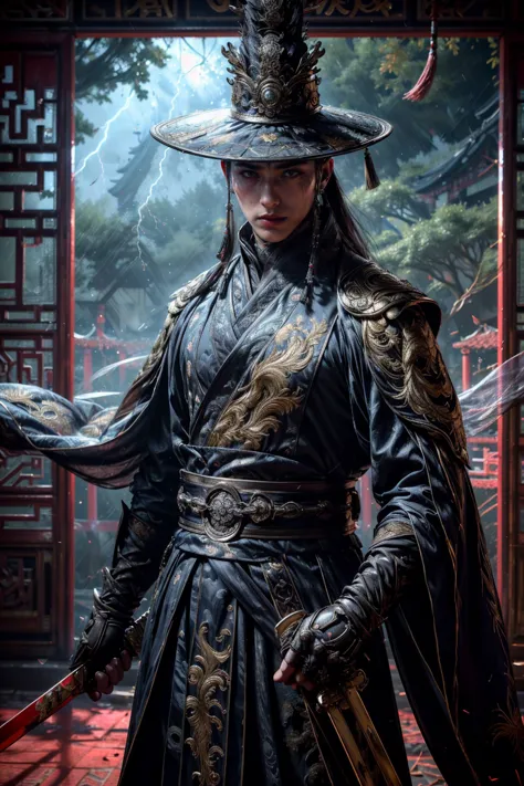 a close up of a person in a hat and costume holding a sword