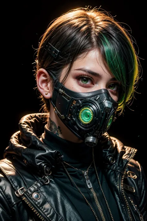 1 a guy looking at the with green parted hair, looking to the right green eyes, a mask on his mouth (cyberpunk style mask) black...