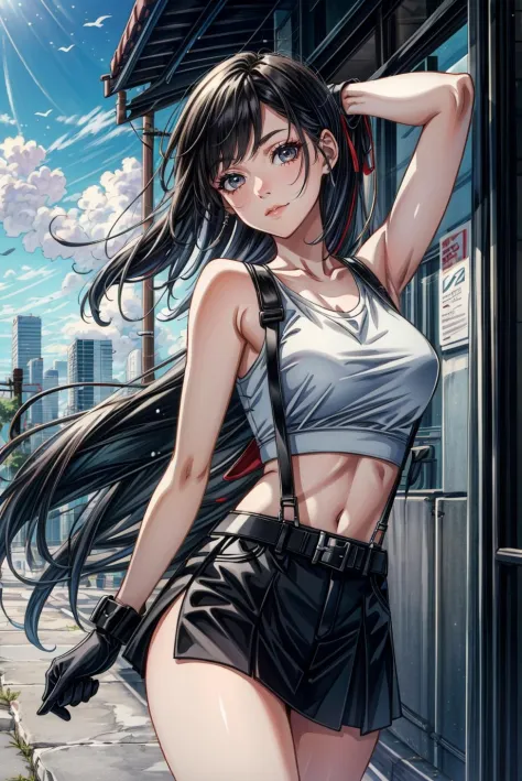 (obra maestra), (mejor calidad), (arte oficial, Fondo de pantalla CG unity 8k extremadamente detallado), (muy detallado), ((absurdos)), camiseta sin mangas blanca, Tifa Lockhart, Final Fantasy VII, Golpes, hombros descubiertos, cinturón, black cinturón, guantes negros, pelo negro, Falda negra, Estilo Ashina, Tirantes, ((SFW)), desde el frente, sonrisa, Feliz, Feisty, paisaje urbano, (sopla el viento:1.1), (muslos), 