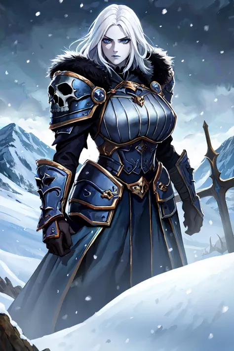 (masterpiece:1.2), (best quality:1.2), perfect eyes, perfect face, volumetric lighting, 1girl, mature female wowdk standing, white hair, blue eyes, very pale skin, black heavy armor, gauntlets, skirt, cloak in the wind, fur, massive pauldrons, skulls symbols, snow, snowstorm, graveyard, fantasy, mountains,  ((muted colors, night, darkness)) <lora:sxzDeathKnights_sxzWowDK:0.6>, makeup, black lipstick, eyeshadow, mascara, thick eyelashes, stern expression, emotioneless