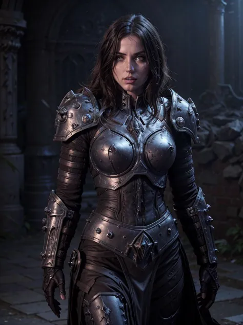 女死亡骑士呆在废墟城堡的中央, 电影魔兽拍摄, 细致的脸部, 阿纳迪亚69, 重金屬铠甲, 魔兽世界, 