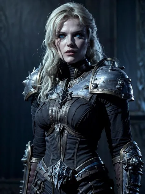 a woman in armor standing in a dark room