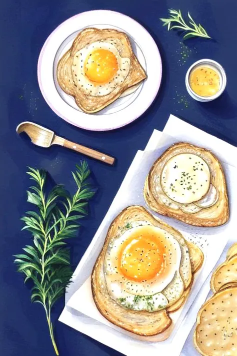 there are three pieces of toast with eggs on them on a plate