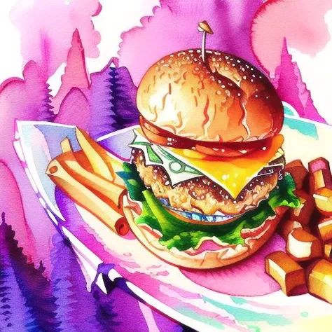 painting of a hamburger and fries on a plate with a pink background