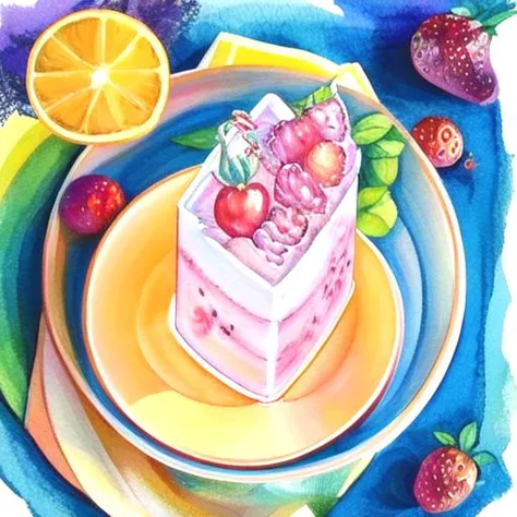 painting of a piece of cake on a plate with fruit on it