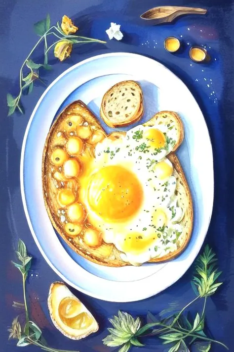 painting of a plate of food with eggs and bread on it