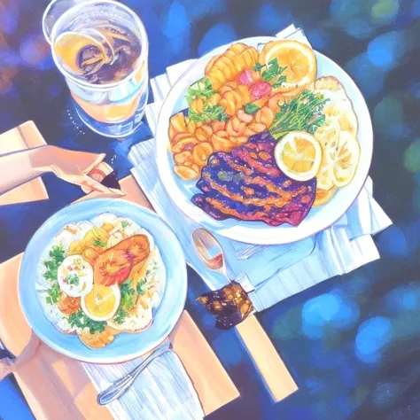 painting of a plate of food with a glass of water