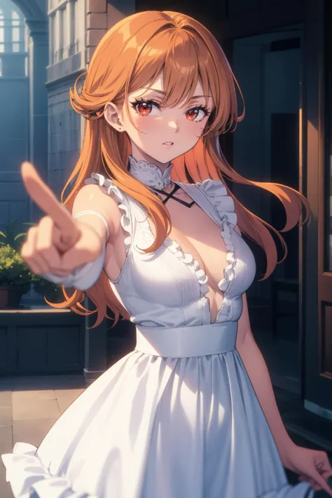 anime girl in white dress pointing at something