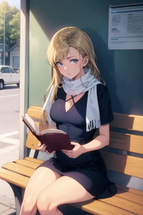 anime girl sitting on a bench reading a book