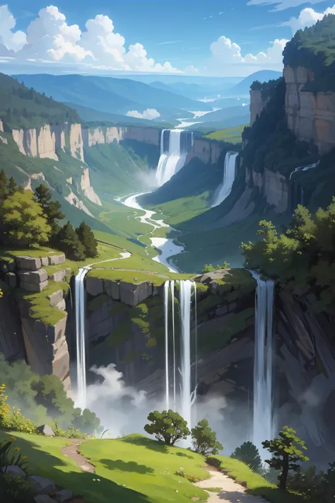 a painting of a waterfall in a valley with a mountain in the background