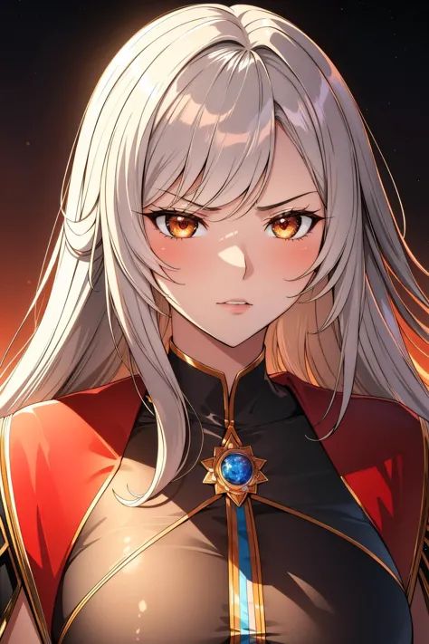 a woman with long white hair and a red cape is standing in front of a dark background