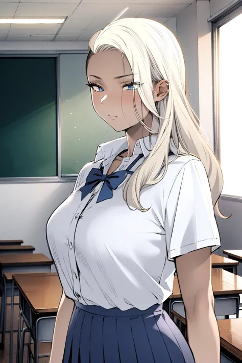 anime girl in a school uniform standing in front of a blackboard