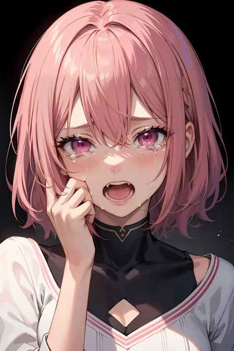 anime girl with pink hair and purple eyes holding her hand to her face