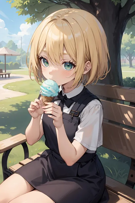 anime girl sitting on a bench eating an ice cream cone