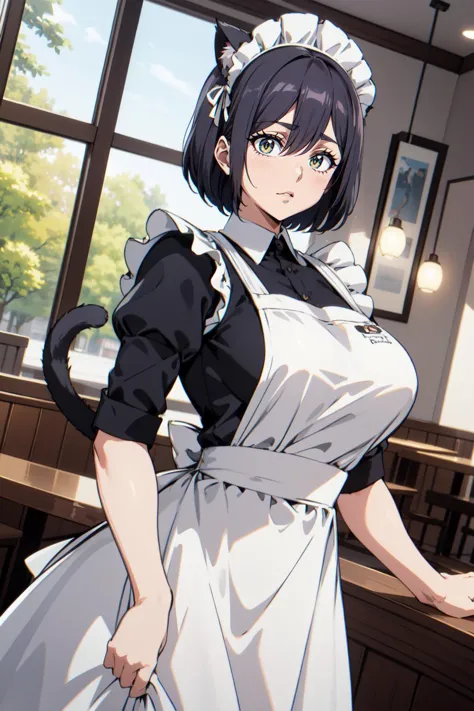 anime character in a maid outfit standing in a restaurant