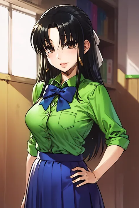 anime girl in green shirt and blue skirt standing in front of a book shelf