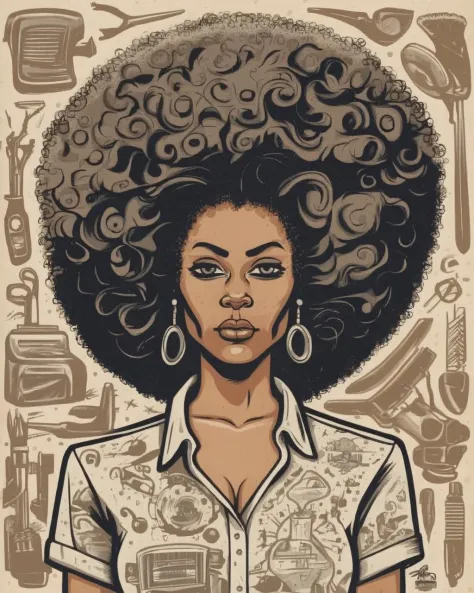 a woman with a big afro wearing a shirt , Hairdesser,  Dave_Quiggle_Style<lora:Dave_Quiggle_Style_sdxl:1.0>
