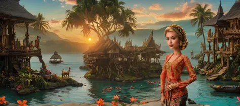 ((a closeup photo of 美麗的 barbie wearing kebaya2 batik)),未來峇裡島村莊的日出風景,美麗的,引人注目,神話花卉景觀,海灘,海洋,街道,城堡,範瑟,豪爾布斯,西菲眼1,範蘭,电影摄影,散景,
