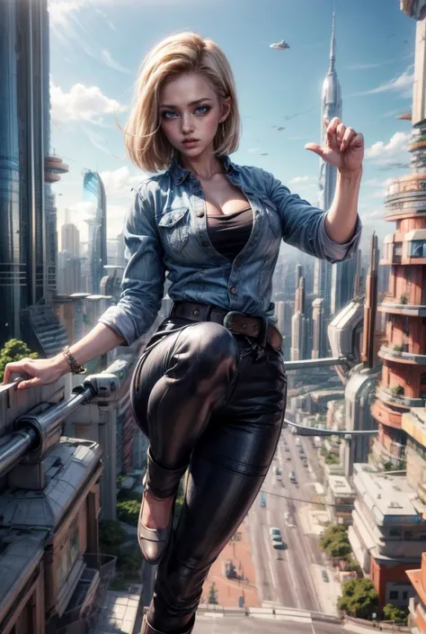 a woman in a leather outfit is standing on a ledge